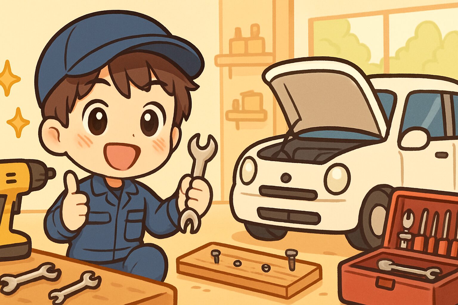 現役整備士が楽しくDIY＆車整備をしているイラスト