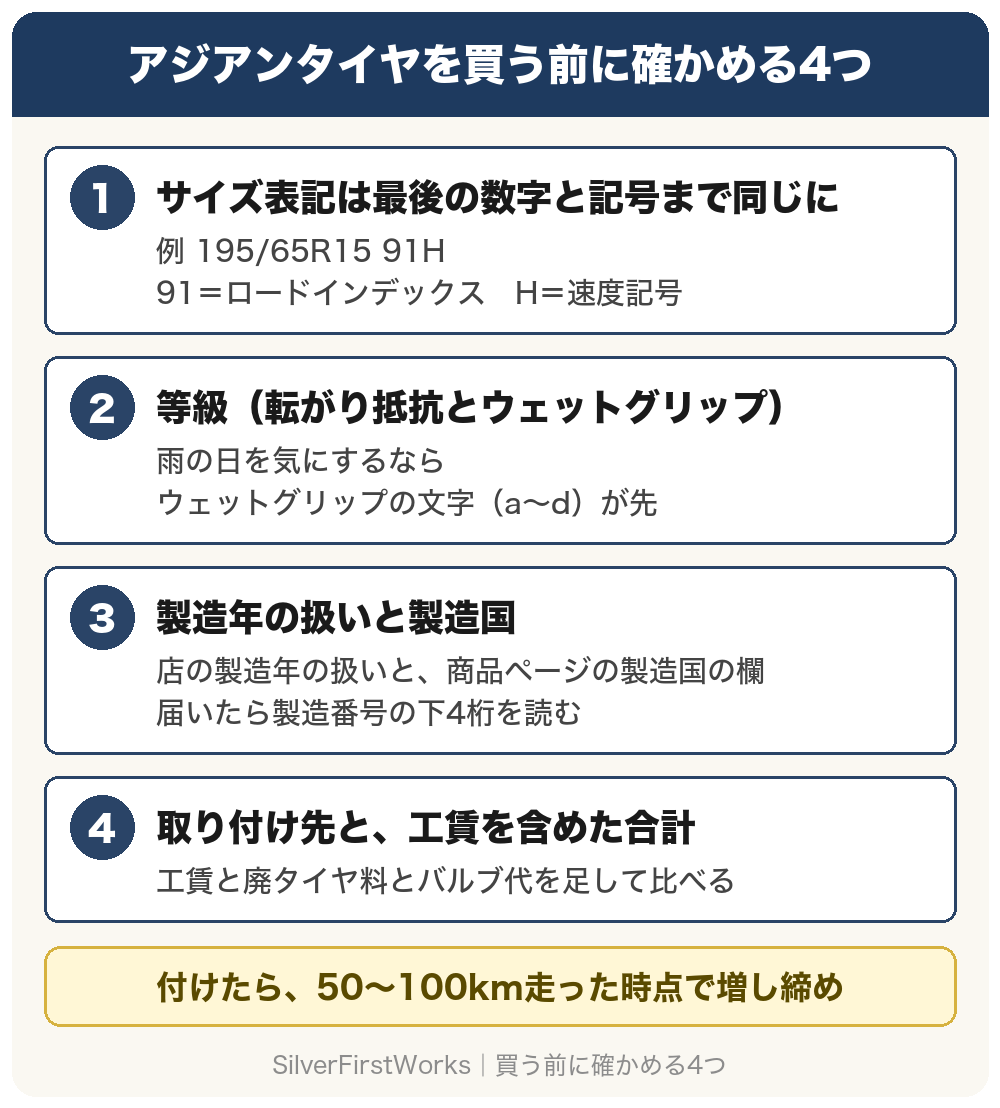アジアンタイヤを買う前に確かめる4つ。1、サイズ表記は最後の数字と記号まで同じに。例は195/65R15 91Hで、91がロードインデックス、Hが速度記号。2、等級（転がり抵抗とウェットグリップ）。雨の日を気にするなら、ウェットグリップの文字（aからd）が先。3、製造年の扱いと製造国。店の製造年の扱いと、商品ページの製造国の欄を見て、届いたら製造番号の下4桁を読む。4、取り付け先と、工賃を含めた合計。工賃と廃タイヤ料とバルブ代を足して比べる。付けたら、50〜100km走った時点で増し締め。