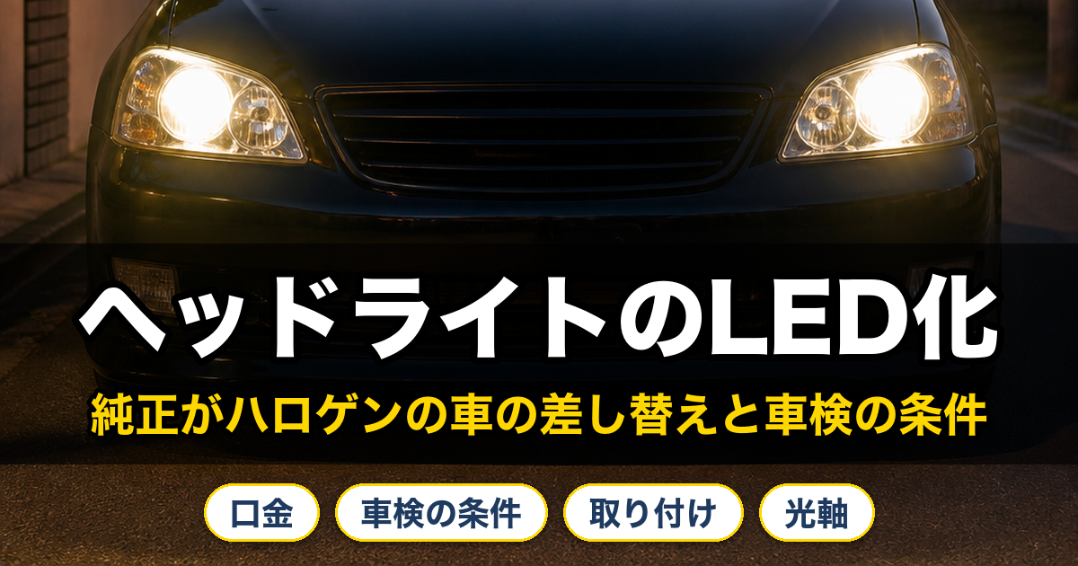 ヘッドライトのLED化。純正がハロゲンの車の差し替えと車検の条件。口金、車検の条件、取り付け、光軸。